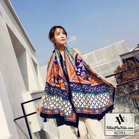 Khăn quàng choàng cổ nữ đi biển boho thổ cẩm đẹp cao cấp màu xanh dương cam viền đen - Mã KC091