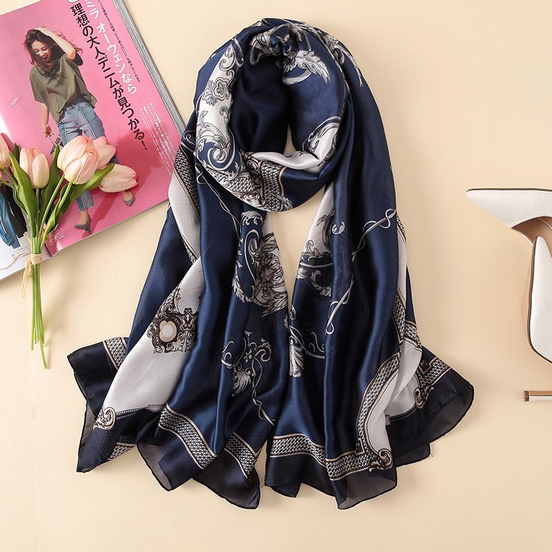Khăn Choàng Cổ Lụa Màu Xanh Đen Họa Tiết, Viền Đen - Mã KS162