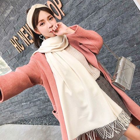 Quà 20/11 tặng cho cô giáo -  Khăn quàng choàng cổ len Cashmere giữ ấm màu trắng be sữa trơn cao cấp đẹp sang trọng - Mã KC325