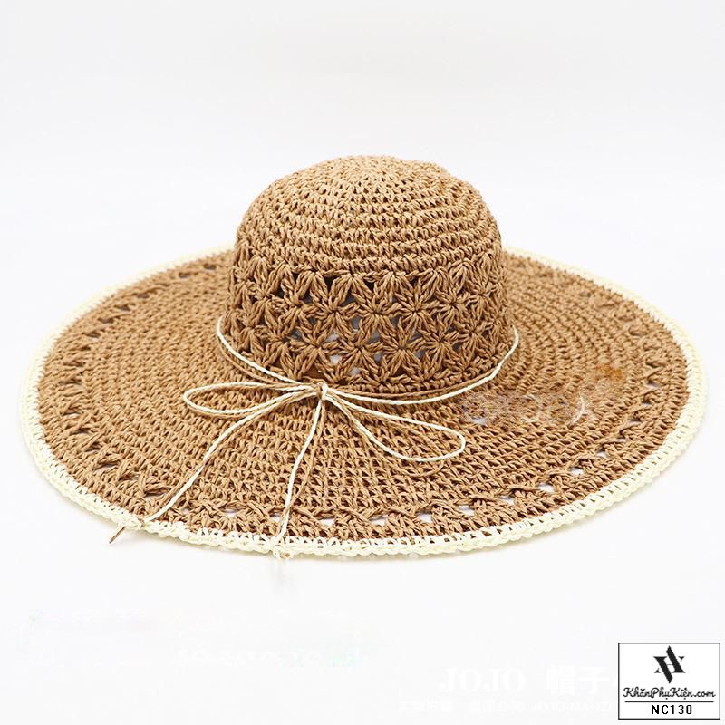 Nón Cói Form Mềm Rộng Vành Viền Trắng Màu Nâu Đậm - Mã NC130