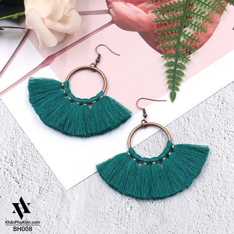 Bông Tai Boho Phong Cách Thổ Cẩm Vintage (Bohemian) Hình Tròn Tua Rua Màu Xanh - Mã BB008