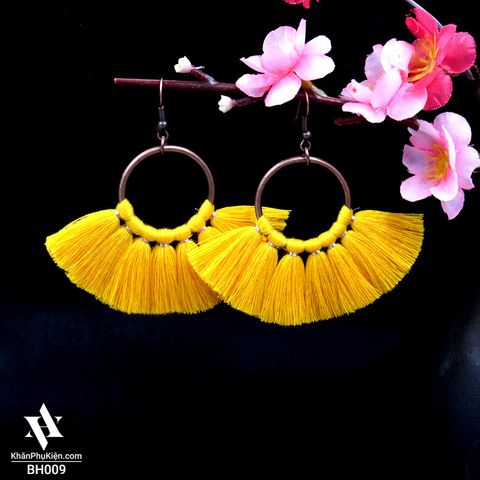 Bông Tai Boho Phong Cách Thổ Cẩm Vintage (Bohemian) Hình Tròn Tua Rua Màu Vàng Nghệ - Mã BB009