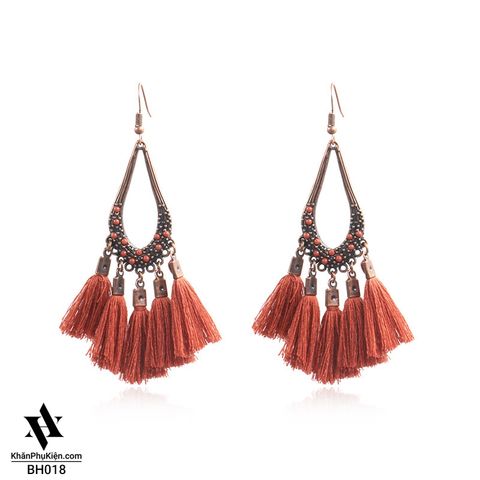 Bông Tai Boho Phong Cách Thổ Cẩm Vintage (Bohemian) Hình Elip Tua Rua Màu Nâu - Mã BB018