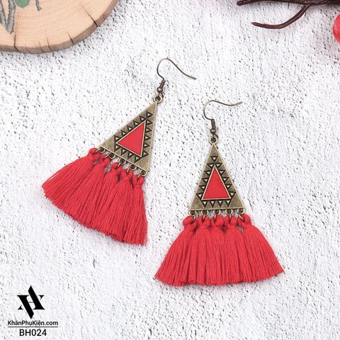 Bông Tai Boho Phong Cách Thổ Cẩm Vintage (Bohemian) Hình Tam Giác Tua Rua Màu Đỏ Cam - Mã BB024