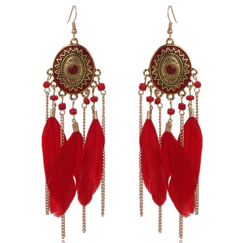 Bông Tai Boho Phong Cách Thổ Cẩm Vintage (Bohemian) Đế Elipa Đính Lông Chim Màu Đỏ - Mã BB032