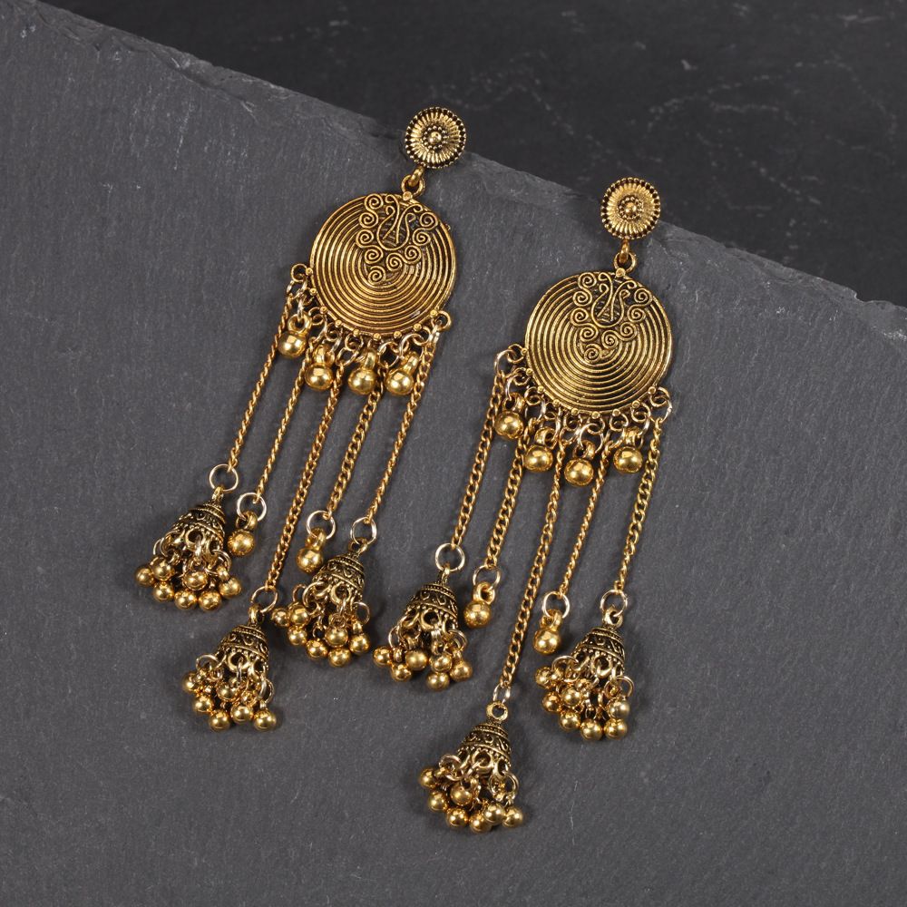 Bông Tai Boho Phong Cách Thổ Cẩm Vintage (Bohemian) Đế Tròn Màu Vàng Đồng - Mã BB040