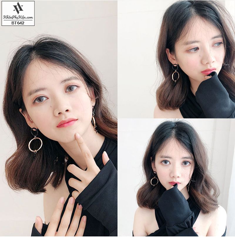 Bông Tai Form Lớn Vòng Tròn Kèm Ngôi Sao Mạ Vàng, Đen - Mã BT642