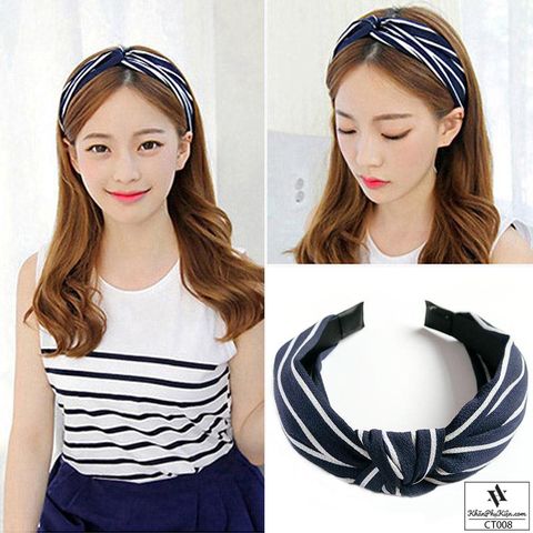 Băng Đô Cài Tóc Turban Gọng Nhựa Màu Xanh Đen Sọc Trắng - Mã CT008