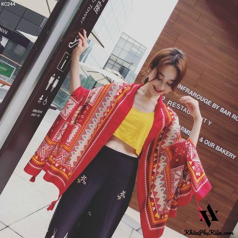 Khăn quàng choàng cổ nữ đi biển boho thổ cẩm đẹp cao cấp họa tiết ô vuông đỏ trắng - Mã KC244