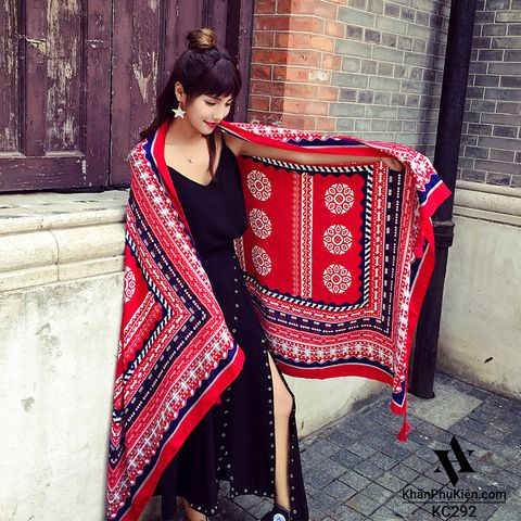 Khăn quàng choàng cổ nữ đi biển boho thổ cẩm đẹp cao cấp màu đỏ xanh dương - Mã KC292