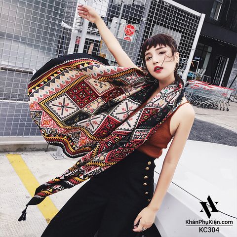 Khăn quàng choàng cổ nữ đi biển boho thổ cẩm đẹp cao cấp màu nâu - Mã KC304