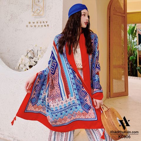 Khăn quàng choàng cổ nữ đi biển boho thổ cẩm đẹp cao cấp màu xanh dương họa tiết thổ cẩm viền đỏ - Mã KC306