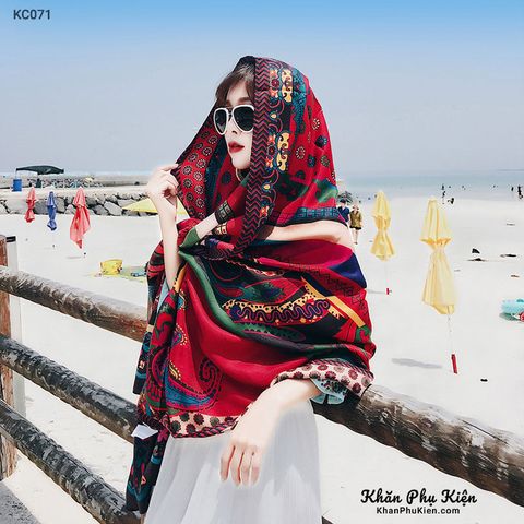 Khăn quàng choàng cổ nữ đi biển boho thổ cẩm đẹp cao cấp màu đỏ họa tiết - Mã KC071