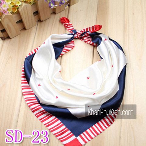 Khăn Lụa Satin Vuông Màu Trắng Viền Xanh Dương Sọc Đỏ - Mã SD023