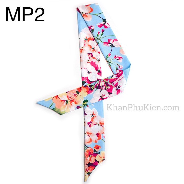 Khăn Turban Dài Lụa Satin Màu Xanh Da Trời Hoa - Mã MP2