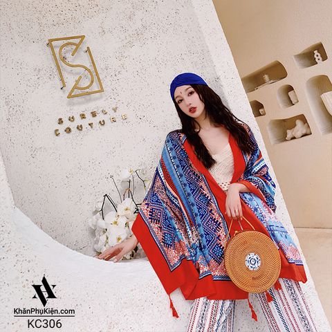 Khăn quàng choàng cổ nữ đi biển boho thổ cẩm đẹp cao cấp màu xanh dương họa tiết thổ cẩm viền đỏ - Mã KC306