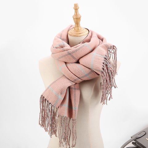 Khăn Len Choàng Cổ Len Cashmere Caro Màu Hồng Pastel Sọc Xám - Mã KC315