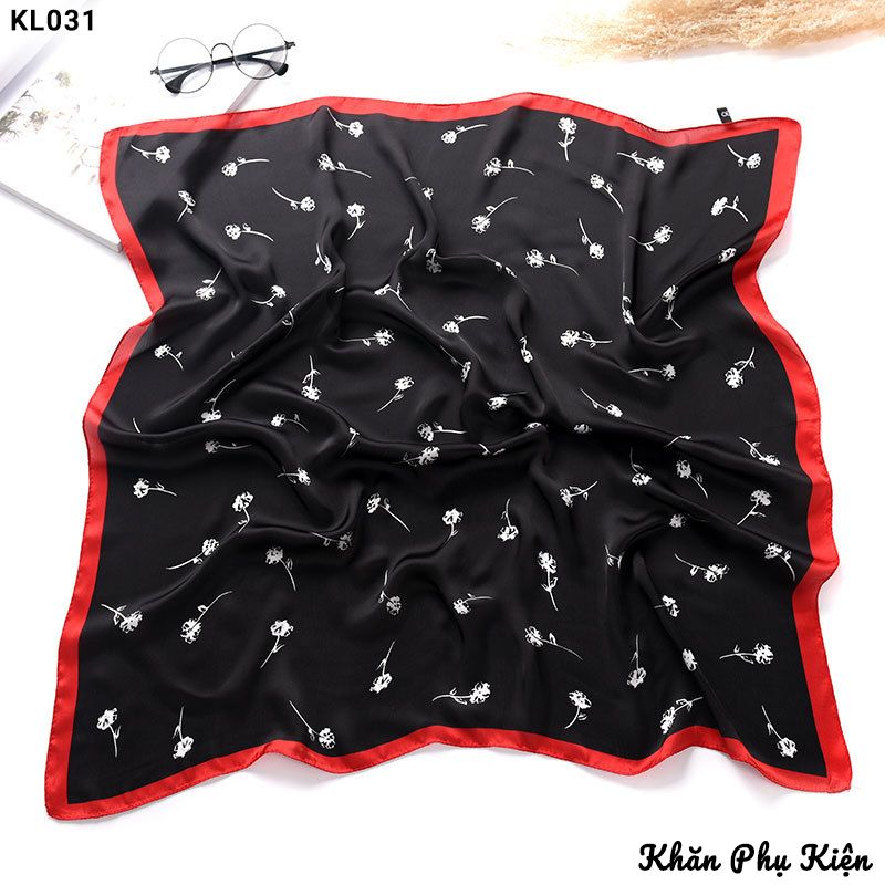 Khăn Quàng Cổ Lụa Màu Đen Họa Tiết Hoa Trắng Viền Đỏ - Mã KL031