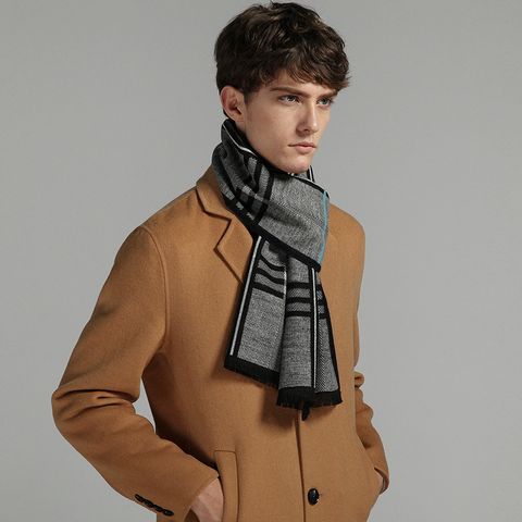 Khăn quàng choàng cổ nam Hàng Hiệu & Cao Cấp - Khăn len cashmere giữ ấm họa tiết màu Xám sọc xanh - KN021