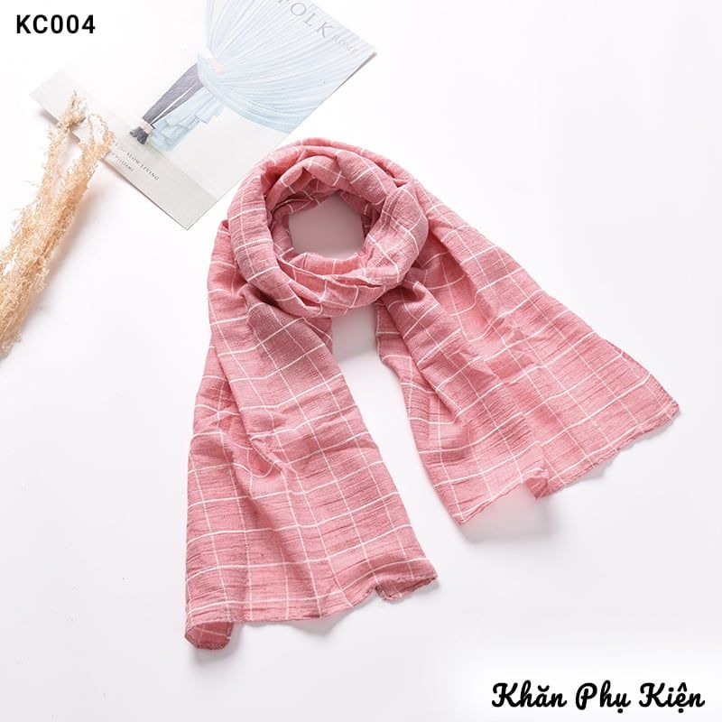Khăn Quàng Cổ Cotton Linen Màu Hồng Họa Tiết Sọc Kẻ Ô Caro - Mã KC004