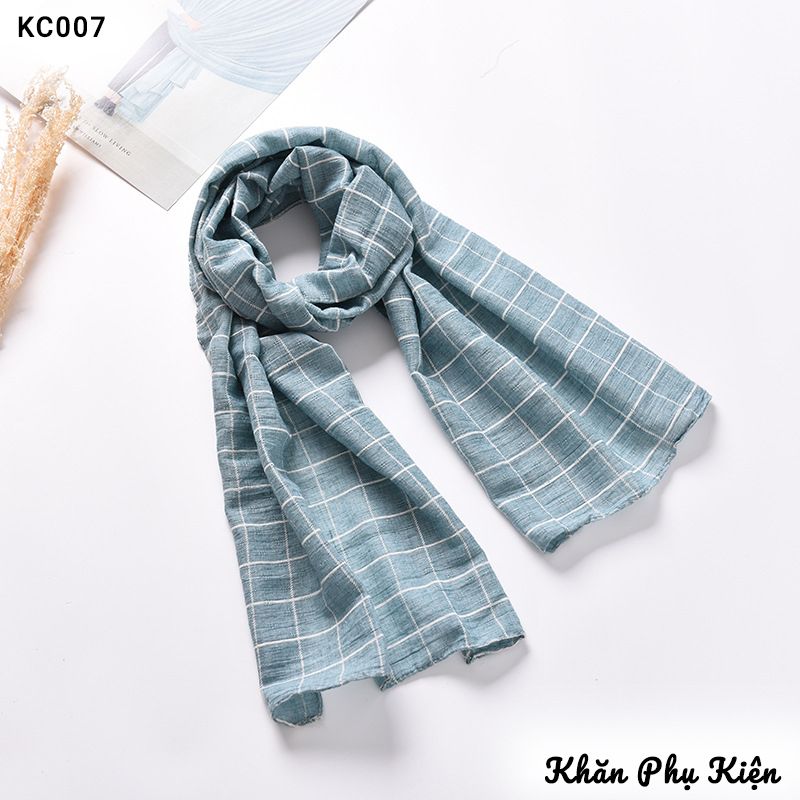 Khăn Quàng Cổ Cotton Linen Màu Xanh Hoàng Hôn Họa Tiết Sọc Kẻ Ô Caro - Mã KC007