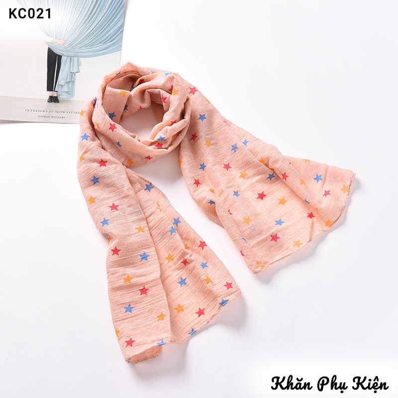 Khăn Quàng Cổ Cotton Linen Màu San Hô Họa Tiết Ngôi Sao Nhiều Màu - Mã KC021