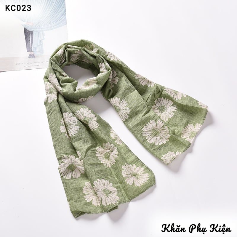 Khăn Quàng Cổ Cotton Linen Màu Xanh Ô Liu Họa Tiết Hoa Cúc - Mã KC023