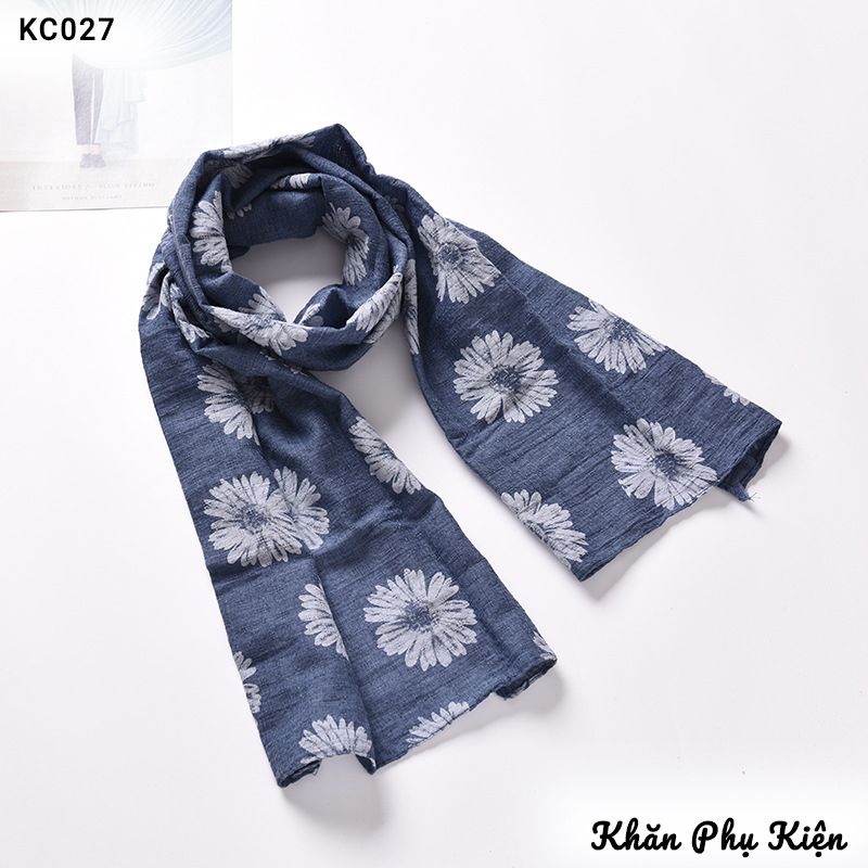 Khăn Quàng Cổ Cotton Linen Màu Xanh Đen Họa Tiết Hoa Cúc - Mã KC027