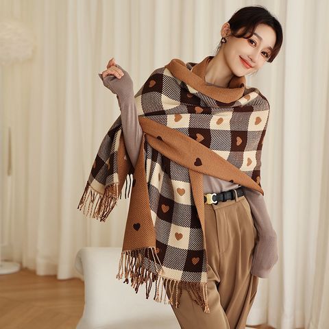 Khăn quàng choàng cổ len Cashmere giữ ấm caro màu nâu trái tim cao cấp phong cách Hàn Quốc đẹp sang trọng - KC404