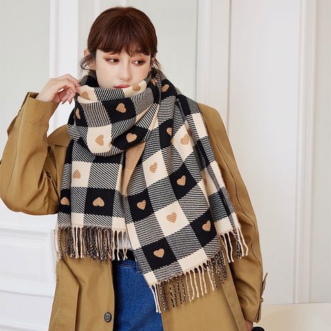 Khăn quàng choàng cổ len Cashmere giữ ấm caro màu đen trái tim cao cấp phong cách Hàn Quốc đẹp sang trọng - KC405