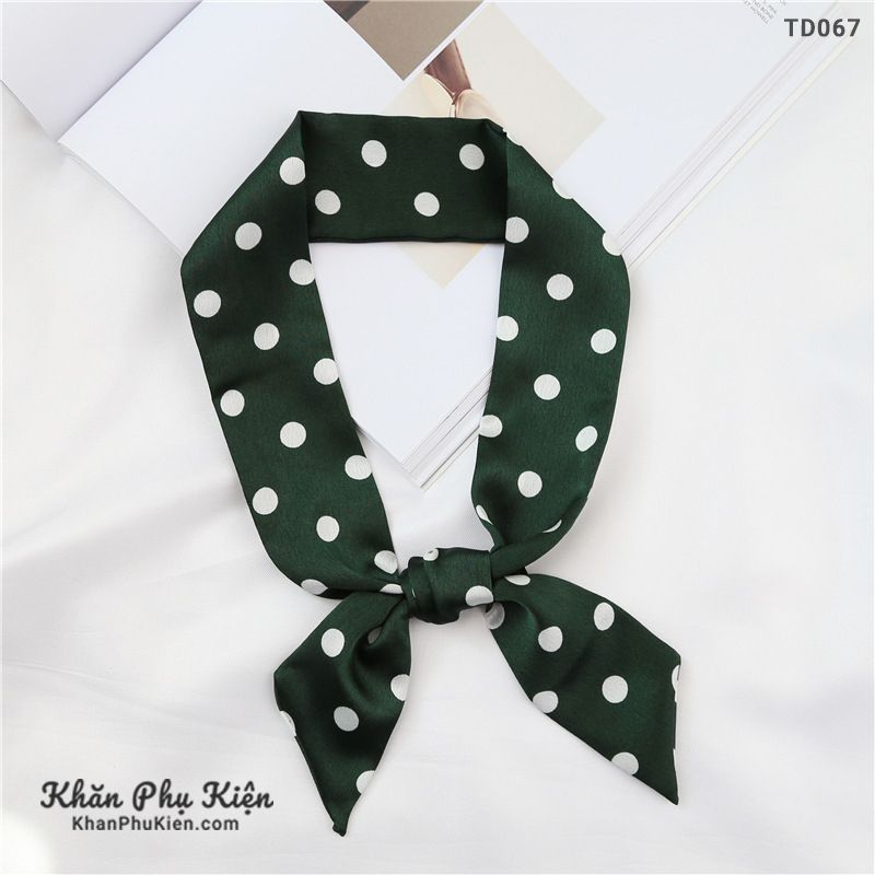 Khăn Turban Dài Màu Xanh Rêu Chấm Bi Trắng - Mã TD067