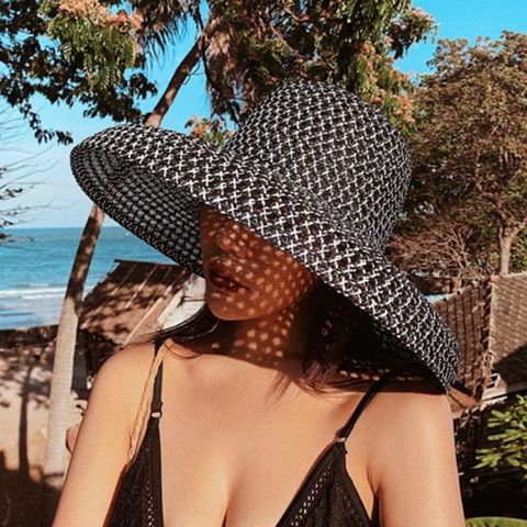 Mũ nón cói đi biển rộng vành tròn đẹp cho nữ vintage sợi tự nhiên cao cấp màu đen - NC442