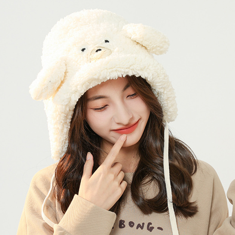 Mũ nón len lông cừu cho nữ tai gấu Hàn Quốc trùm đầu giữ ấm phong cách ulzzang đẹp thích hợp với thời tiết lạnh LAGU Khăn Phụ Kiện