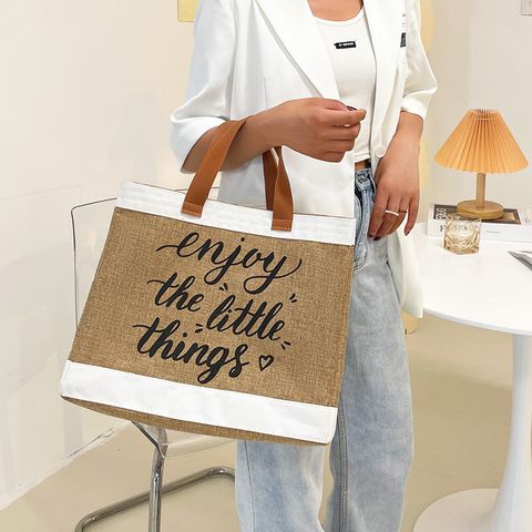 Túi tote cói Merci loại 1 size to Enjoy The Little Things vintage đeo vai chéo đi biển màu nâu trơn LAGU