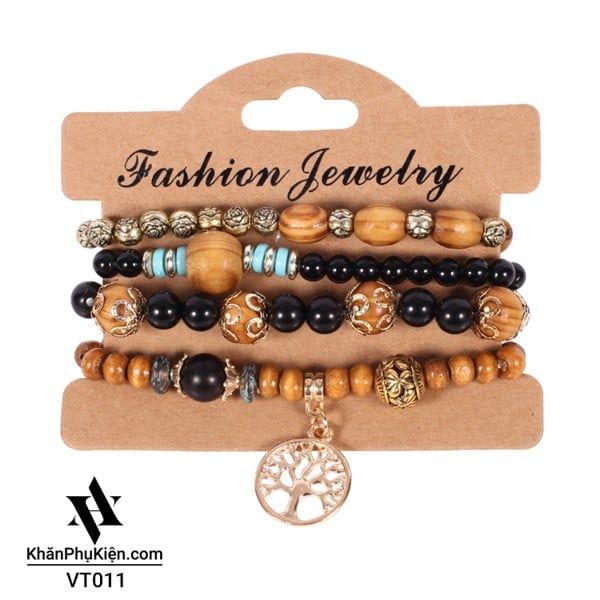 Set Vòng Đeo Tay Thổ Cẩm Bohemian (Boho) Màu Đen Phối Gỗ - Mã VT004