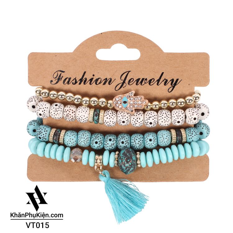 Set Vòng Đeo Tay Thổ Cẩm Bohemian (Boho) Màu Xanh Da Trời Phối Trắng - Mã VT015