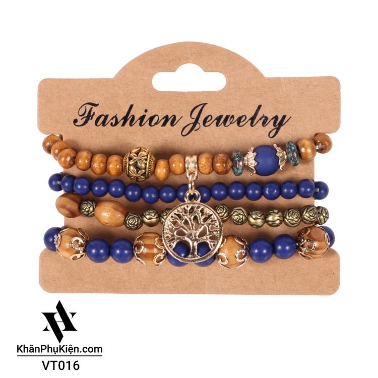 Set Vòng Đeo Tay Thổ Cẩm Bohemian (Boho) Màu Xanh Dương Phối Gỗ - Mã VT016