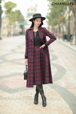 Manto dáng dài họa tiết tartan