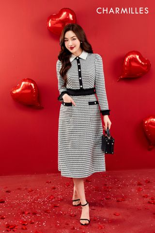 Đầm dài tay họa tiết houndstooth