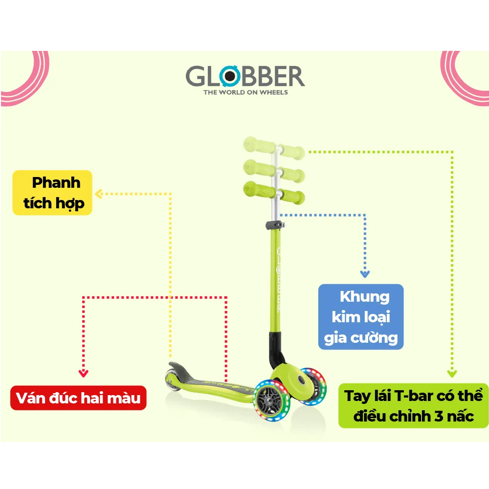  Xe trượt scooter 3 bánh gấp gọn có bánh xe phát sáng GLOBBER PRIMO cho trẻ em từ 3 đến 6 tuổi (Xanh lá/Đỏ) 