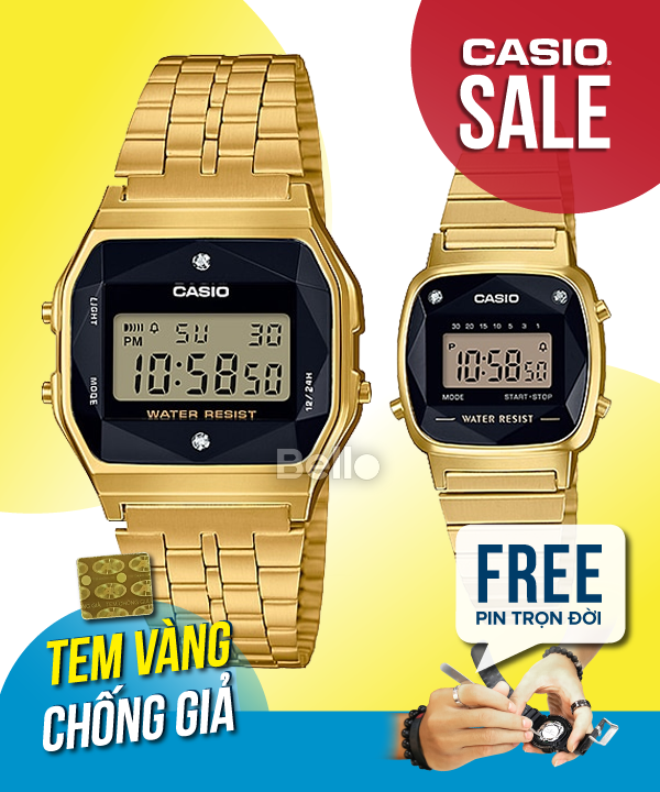 Vintage đôi A159WGED-1 & LA670WGAD-1 - Đồng hồ đôi Casio chính hãng đính kim cương, made in Japan