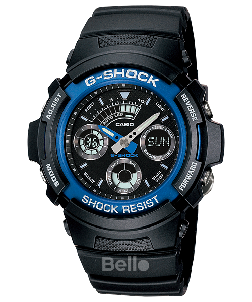 AW-591-2A - Đồng hồ Casio G-Shock chính hãng - Dây đen nhám, viền xanh, kim phát quang, đèn led tự động.