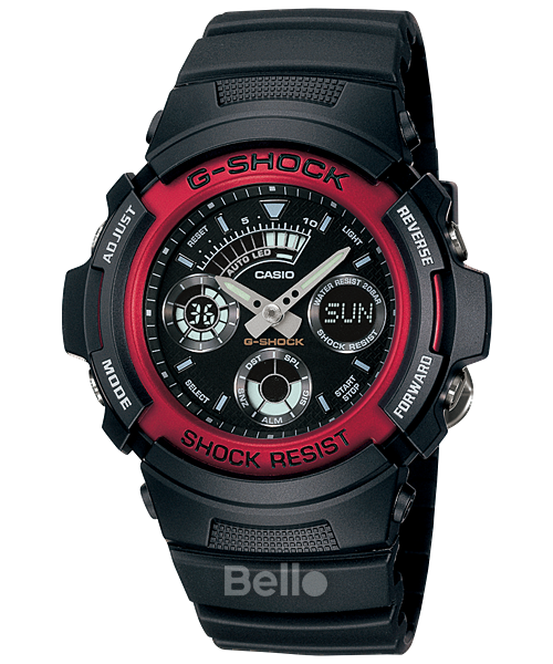 AW-591-4A - Đồng hồ Casio G-Shock chính hãng - Dây đen nhám, viền đỏ, kim phát quang, đèn led tự động.