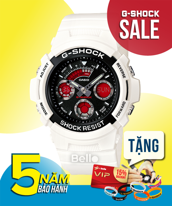 AW-591SC-7A - Đồng hồ Casio G-Shock chính hãng - Dây trắng bóng, viền đen, kim phát quang, đèn led tự động.