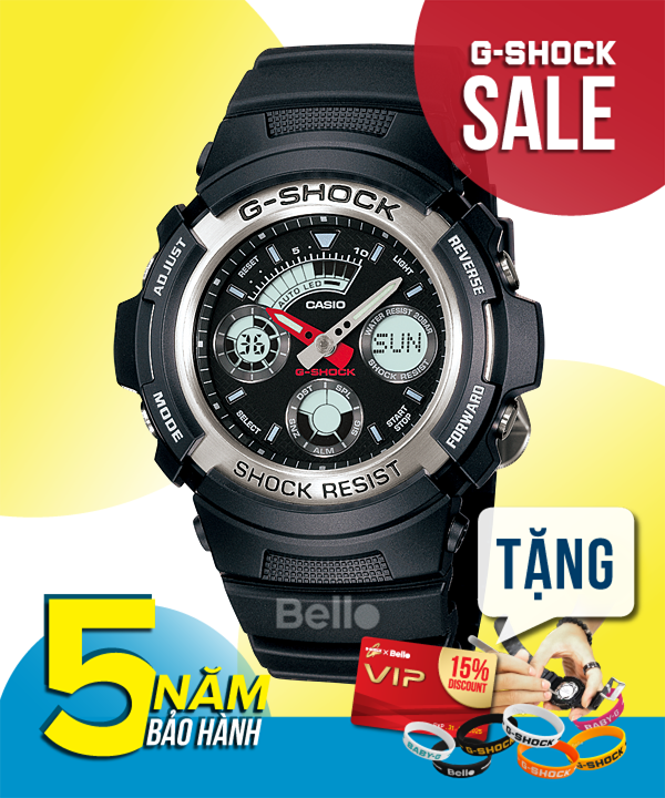 AW-590-1A - Đồng hồ Casio G-Shock chính hãng - Dây đen nhám, viền bạc, kim phát quang, đèn led tự động.