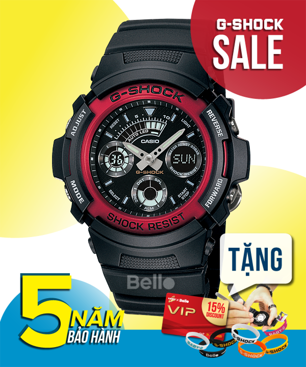 AW-591-4A - Đồng hồ Casio G-Shock chính hãng - Dây đen nhám, viền đỏ, kim phát quang, đèn led tự động.