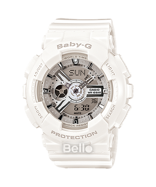 BA-110-7A3 - Đồng hồ Casio G-Shock chính hãng - Dây trắng bóng, măt kim loại sáng bóng.