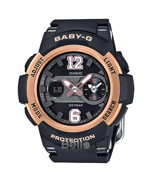 BGA-210-1B- Đồng hồ Casio G-Shock chính hãng - Dây đen nám, viền vàng hồng, thiết kế mặt tựa đồng phục thể thao jersey