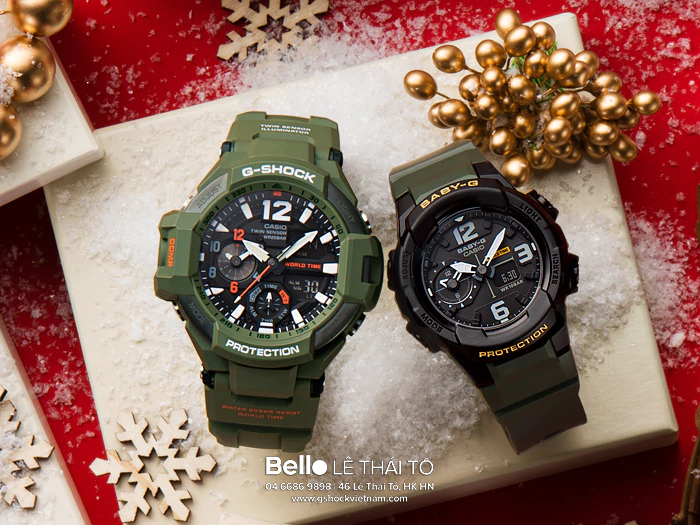 GA-1100KH-3A - Đồng hồ Casio G-Shock chính hãng - Tông màu chủ đạo xanh ô liu với điểm nhấn màu cam.