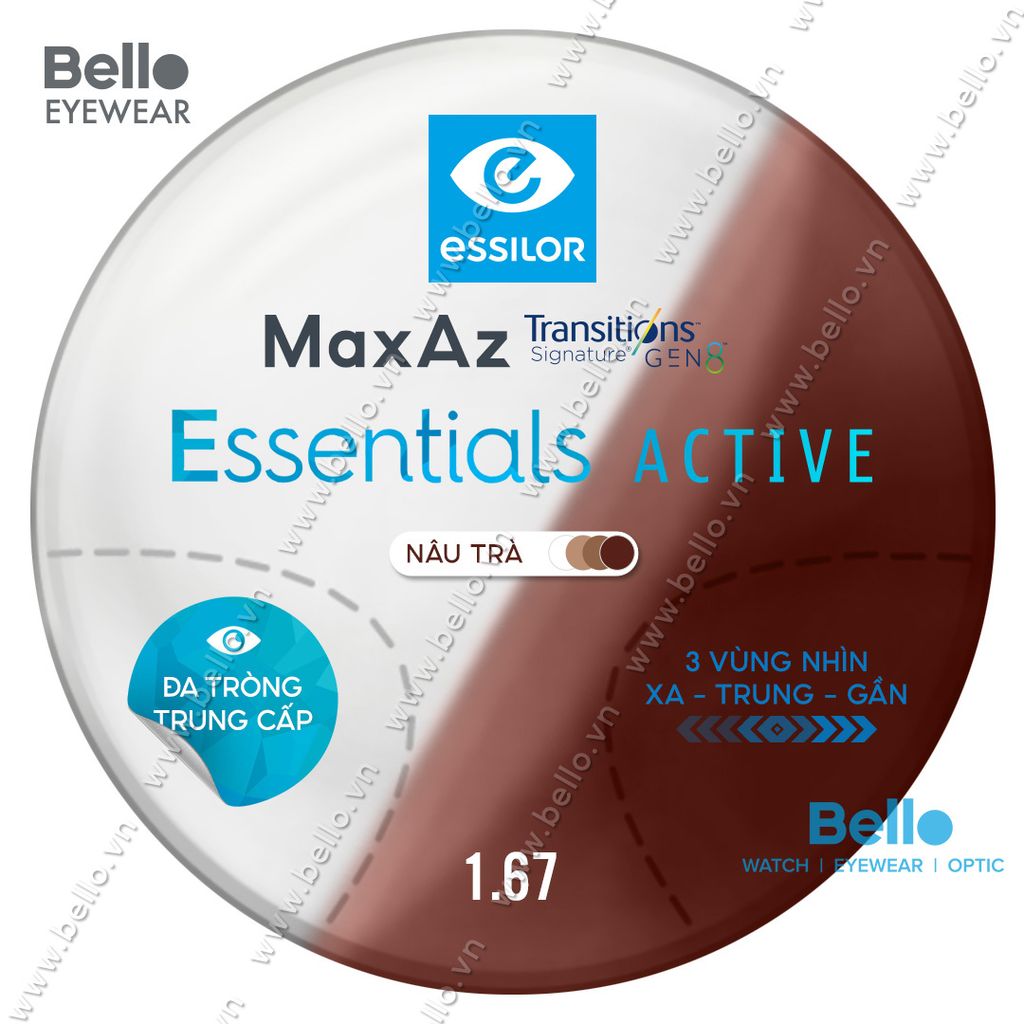  Đa Tròng Trung Cấp Đổi Màu Essilor Essentials Active Gen 8 Nâu Trà 